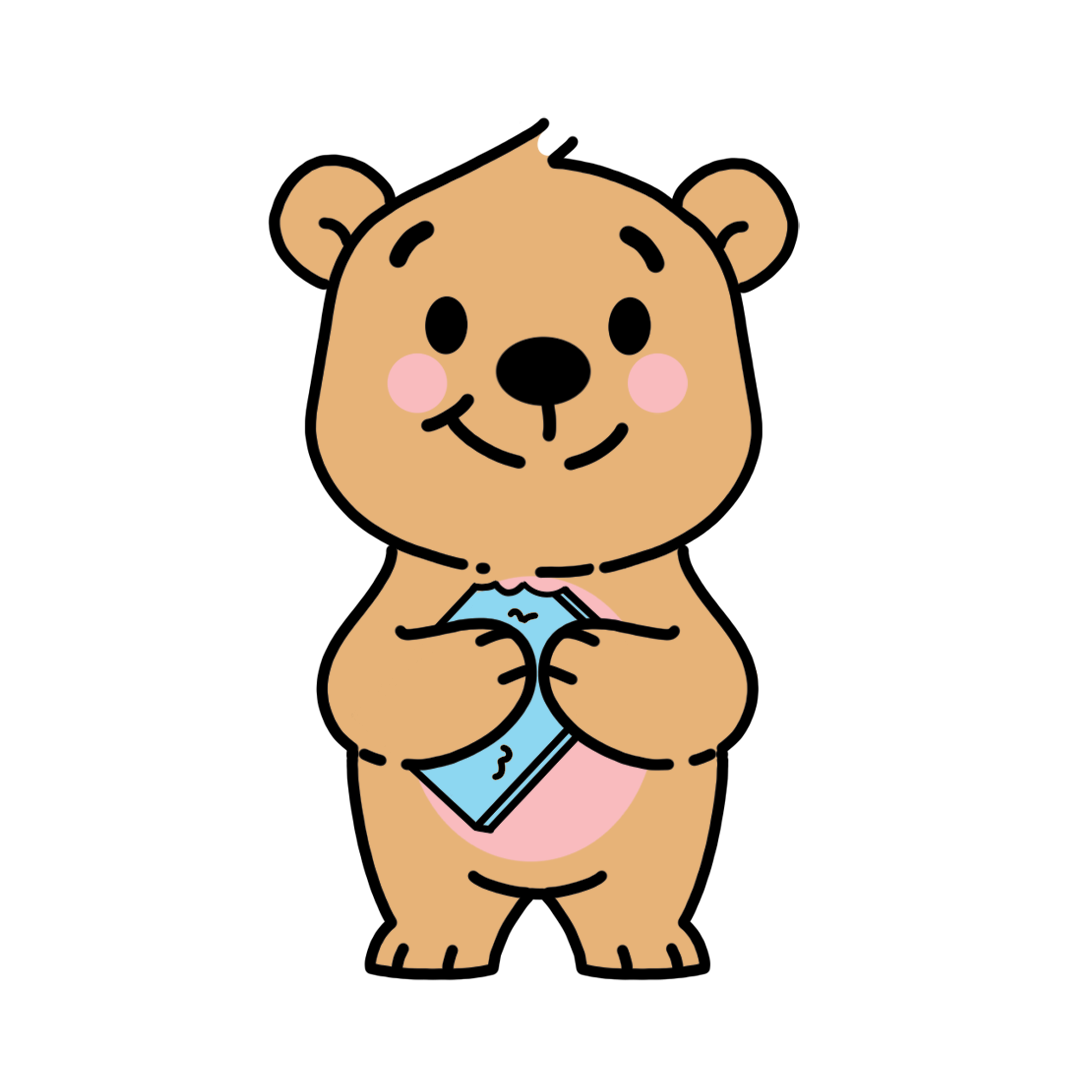 A cute cartoon bear holding a blue and pink item, smiling with pink cheeks, set against a black background.