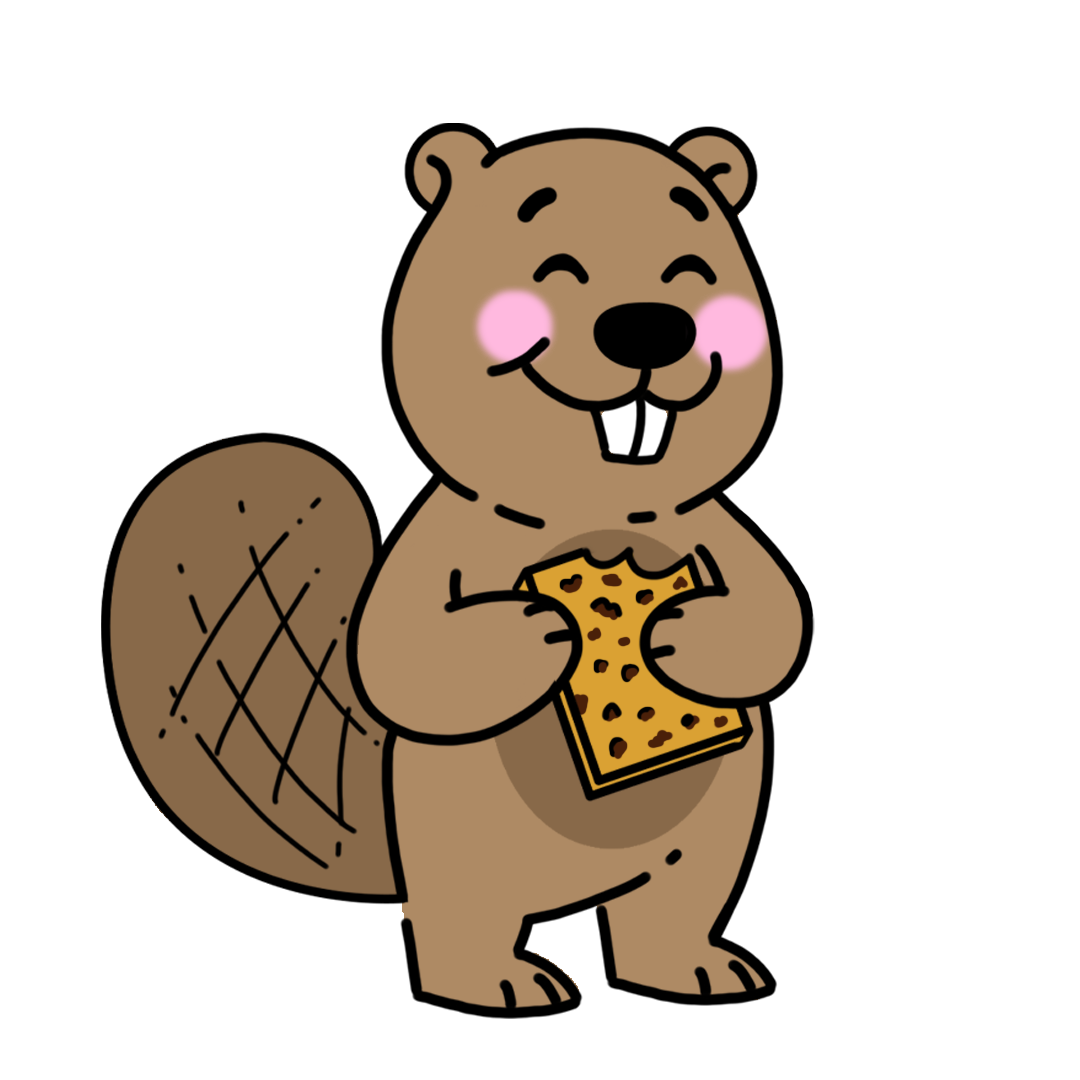 Cartoon squirrel smiling with pink cheeks holding a slice of pizza.