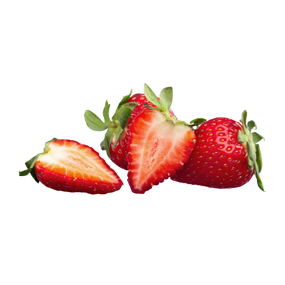 Three strawberries, one sliced in half showing red flesh and seeds inside.
