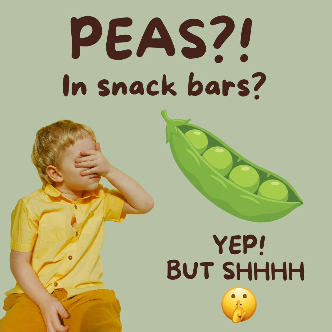A young boy covering his eyes with one hand, next to a graphic of a pea pod, with playful text about peas in snack bars and a shushing emoji.