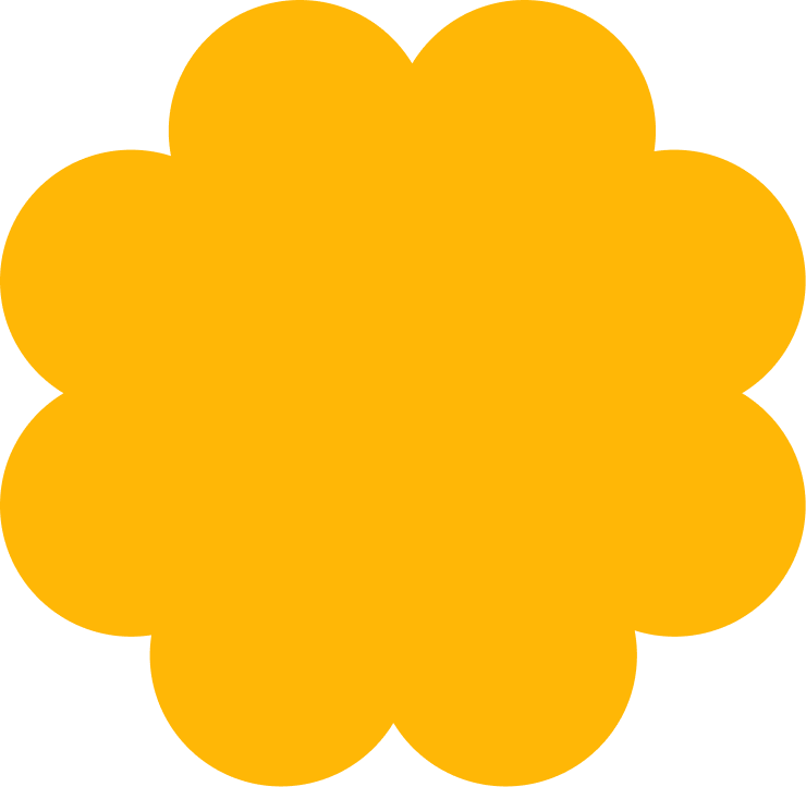 An orange badge with a scalloped circular shape.