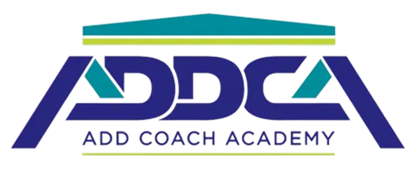 Logo for ADD Coach Academy with stylized text and abstract shapes in blue, green, and teal colors.