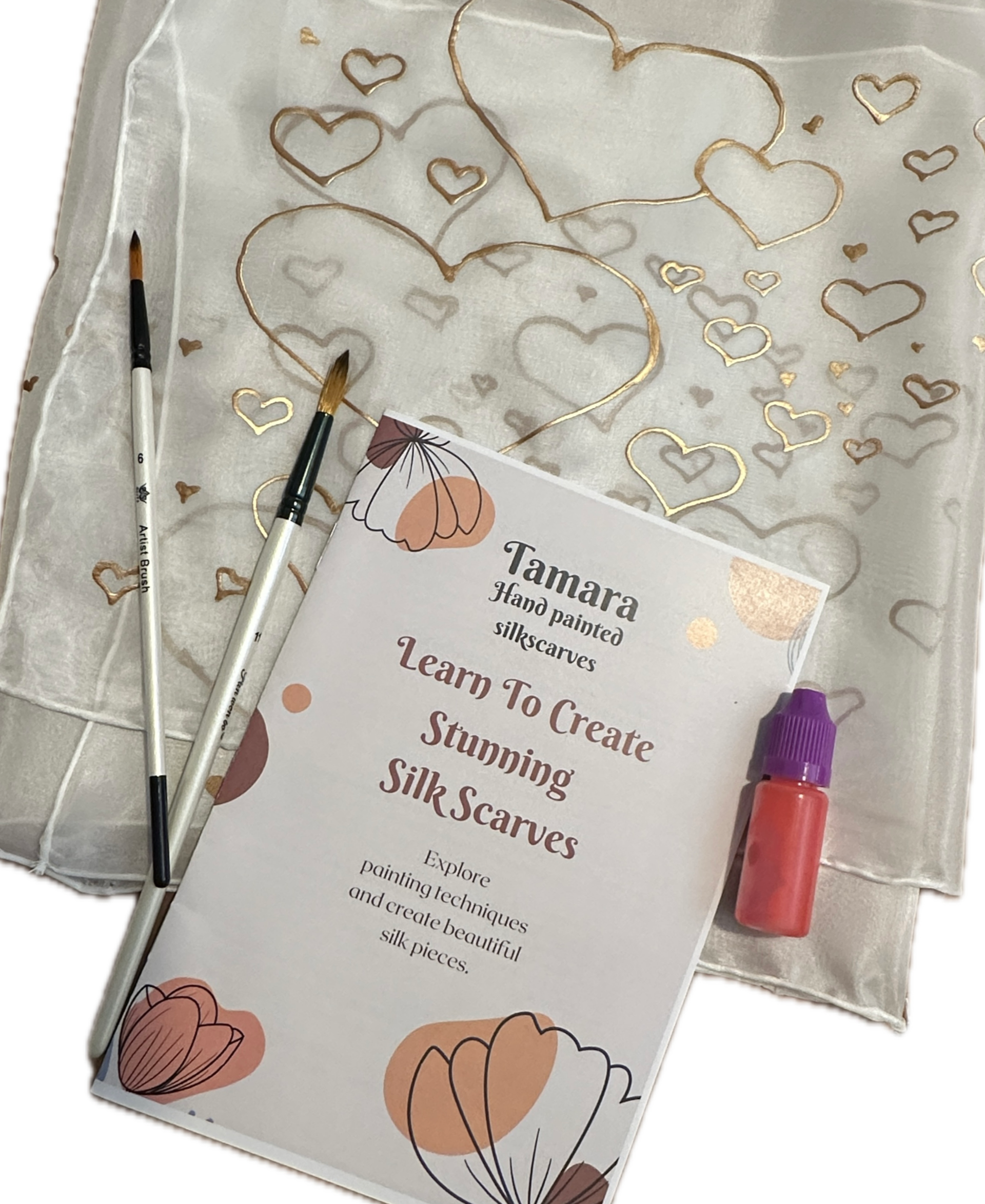 Silk Scarf Painting Kit – Pre-Drawn Red Hearts with Gold Gutta. Gift for Valentine Day.