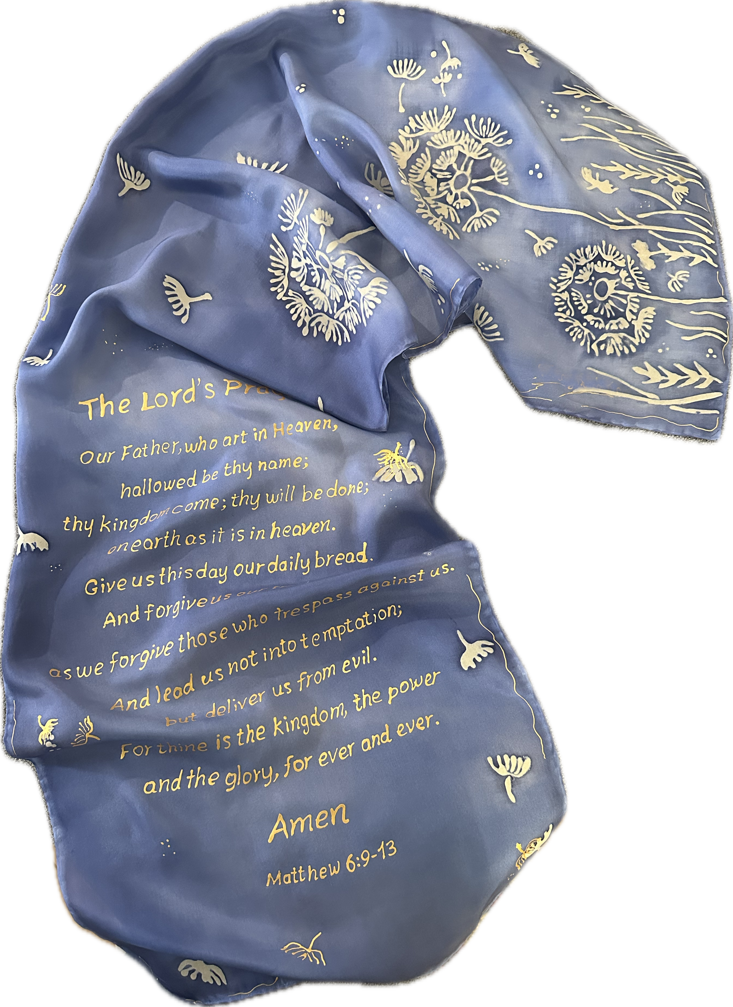 Hand-Painted blue Dandelion scarf. the lord prayer scarf