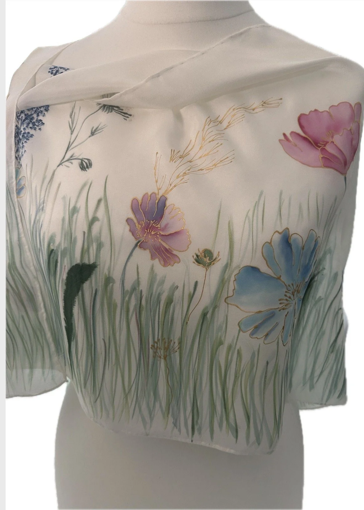 Hand-Painted 100% Silk Scarf – Mixed Wildflowers & Lavender on a White Plain Background | Wedding or Anniversary Gift | Made to Order