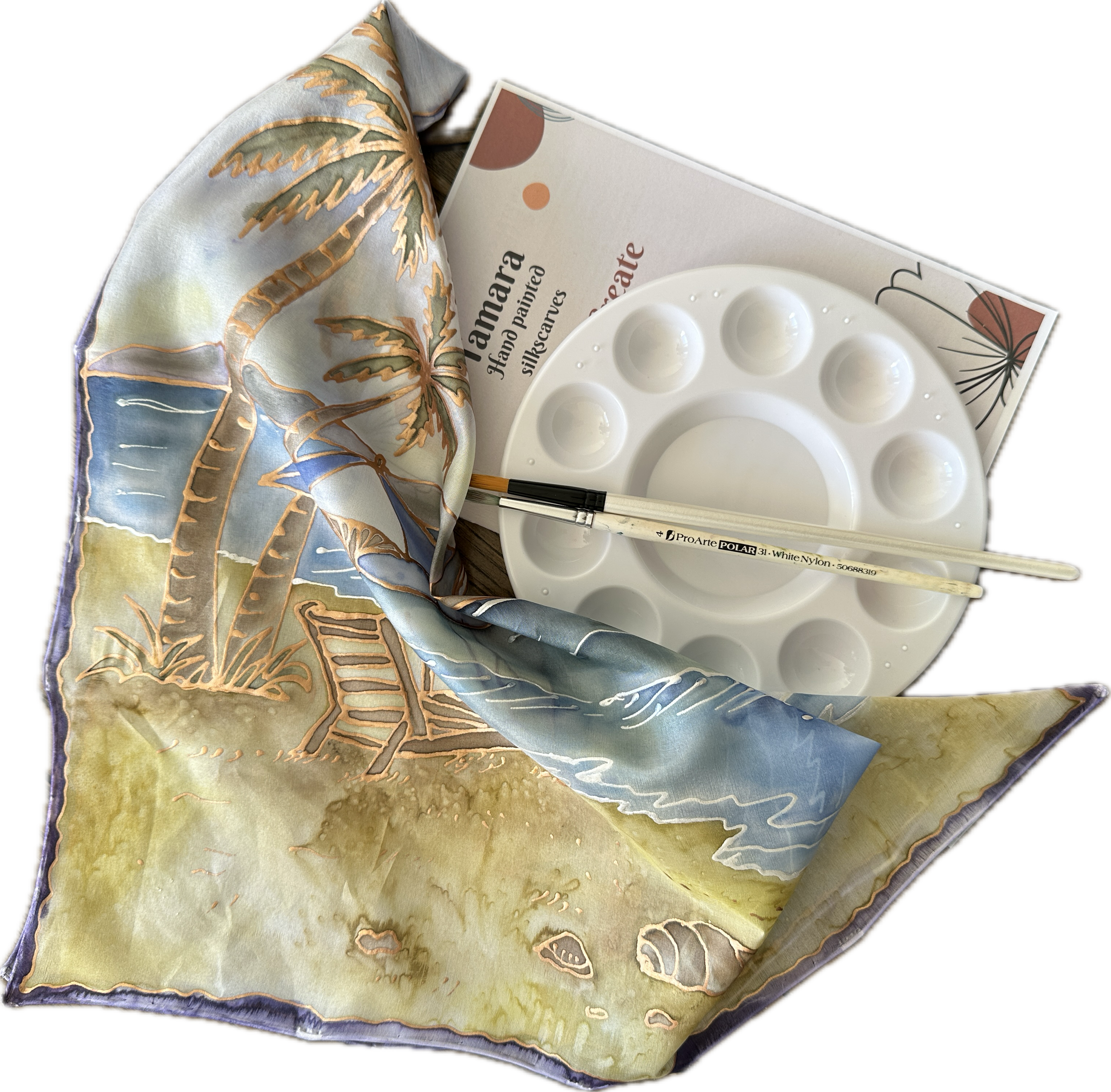 DIY Silk Scarf Painting Kit – Pre-Drawn / Outlines Seascape Design with Boats, Palm Trees & Coastal Landscape