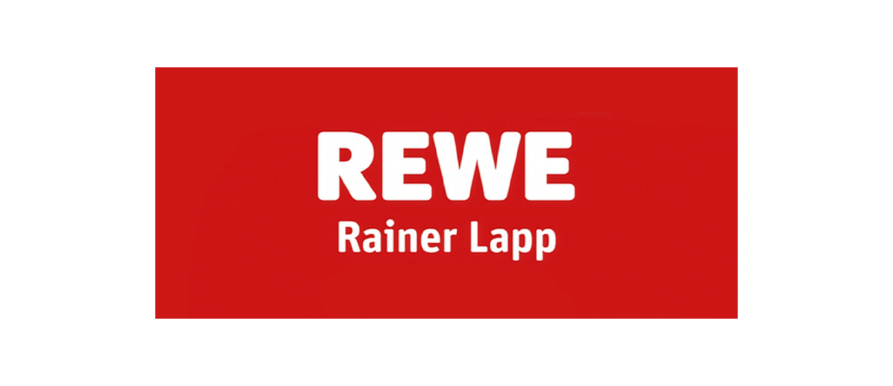 Logo von REWE mit Text "Rainer Lapp" auf rotem Hintergrund.