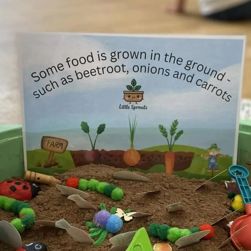 Each of our sessions include some sensory play, and here, we created some 'mouth-safe' soil for the children to dig into, and discover what food can grow in the ground (as well as what creatures might be living in there!)