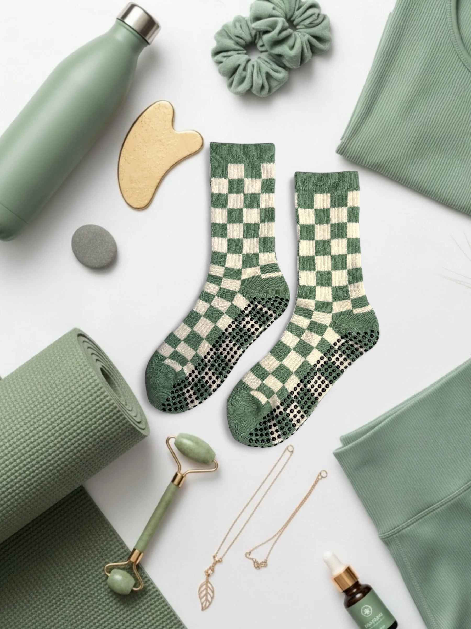 Sage Check Crew Grip Sock
