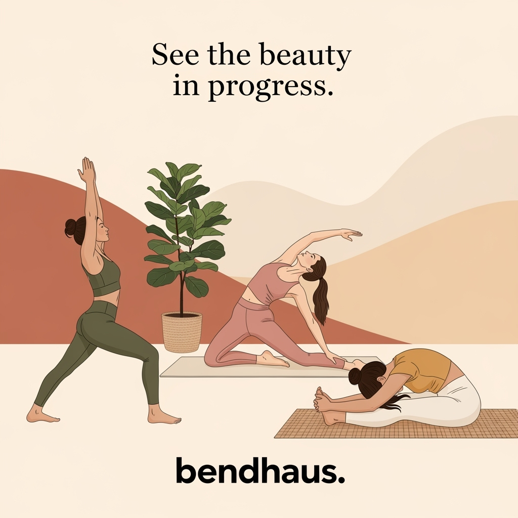 Three women practicing yoga indoors near a potted plant with a background of abstract mountain shapes, one standing, one stretching on a mat, and one seated in a forward bend.