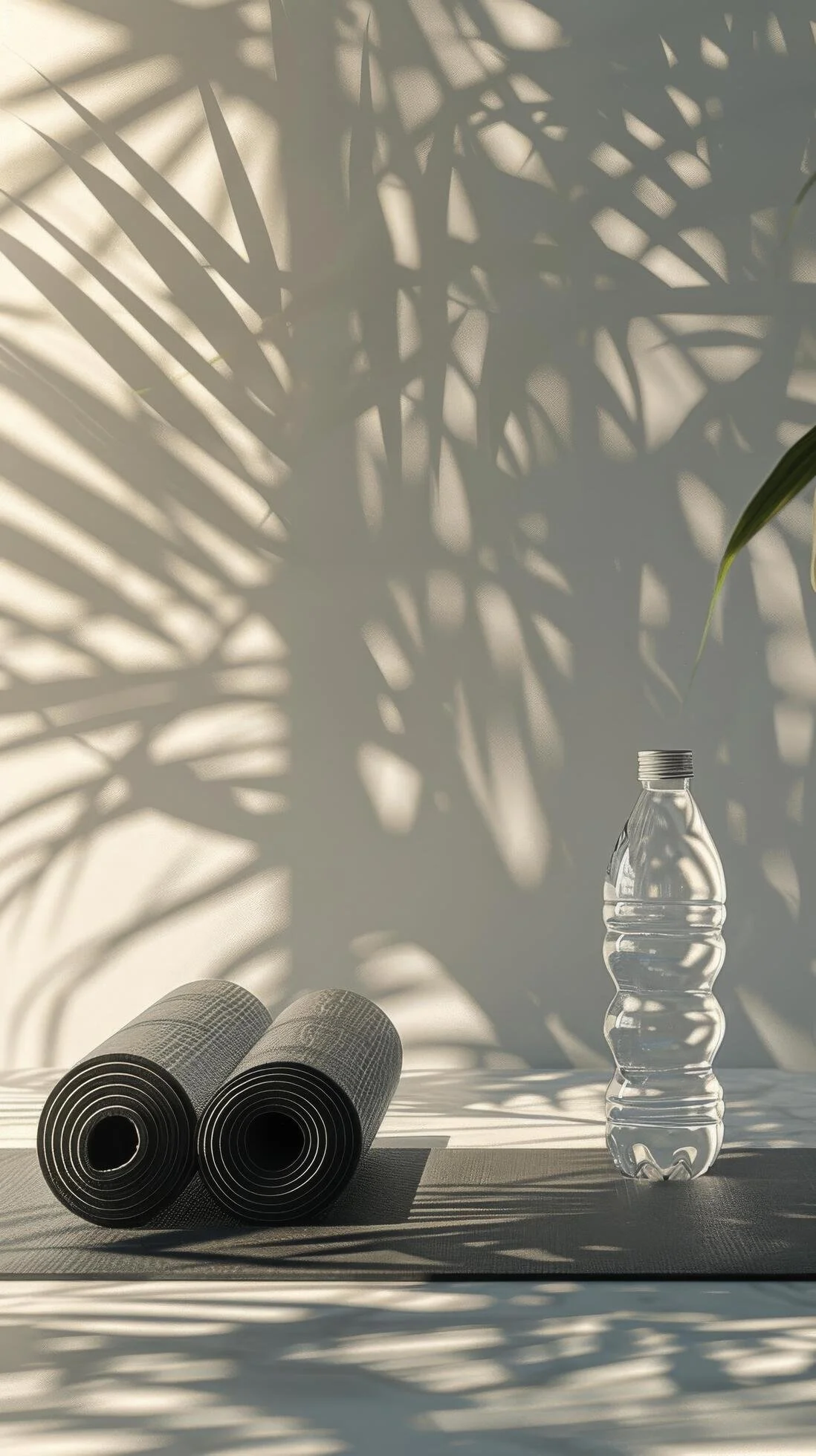 A yoga mat, a plastic water bottle, and shadows of plants on a white surface.