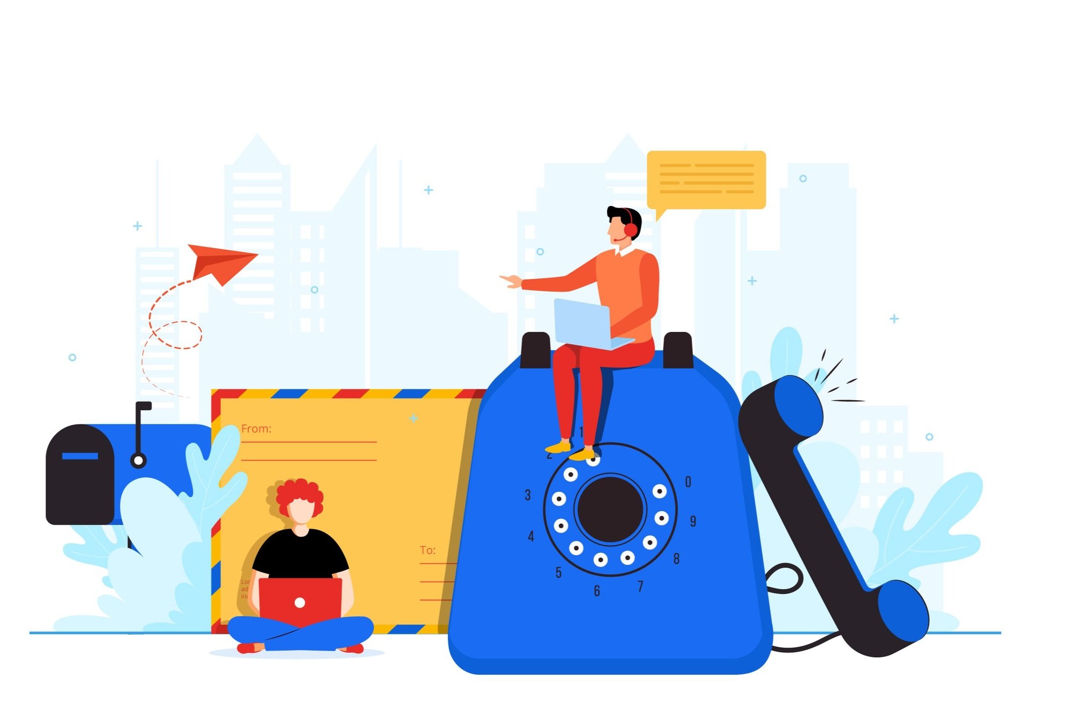 Illustration representing online communication and getting in touch for support.