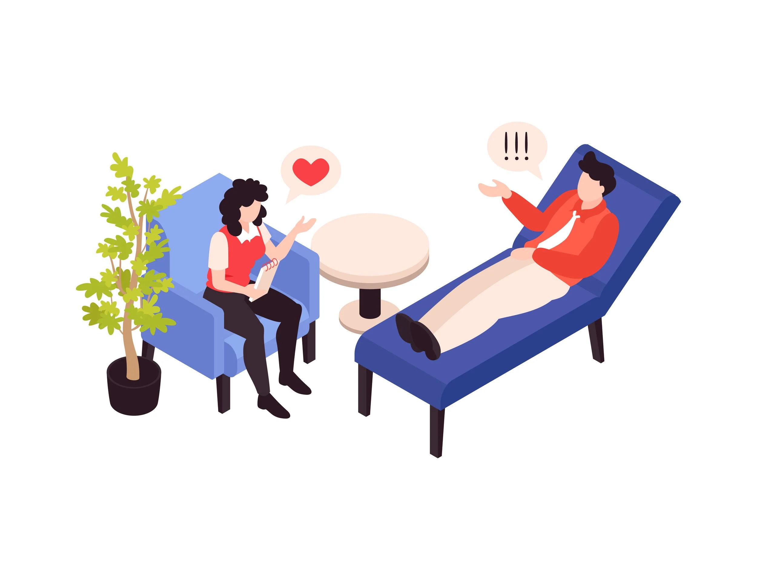 Illustration of a one-on-one therapy conversation in a supportive setting.