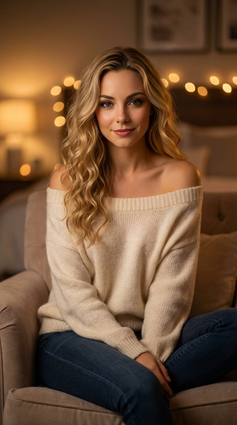 A young woman with long, wavy blonde hair sitting on a beige couch in a cozy, warmly lit room with blurred string lights and framed photos in the background, wearing an off-the-shoulder cream sweater and jeans, smiling gently.