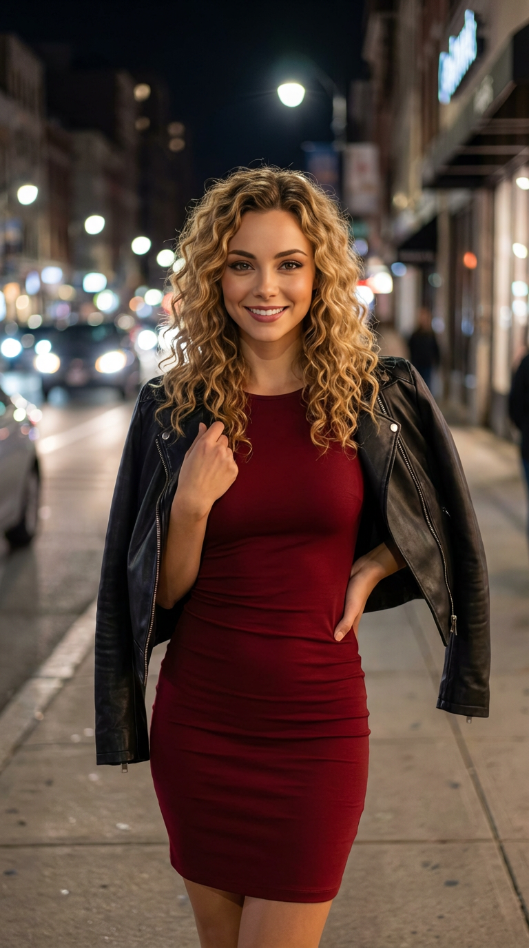 A young woman with curly blonde hair, wearing a red dress and black leather jacket, smiling while walking on a city sidewalk at night with blurred city lights in the background.