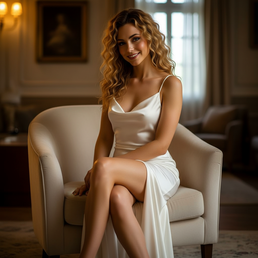 A young woman with curly blonde hair sitting on a beige armchair in a warmly lit room, smiling at the camera, wearing a white satin slip dress.