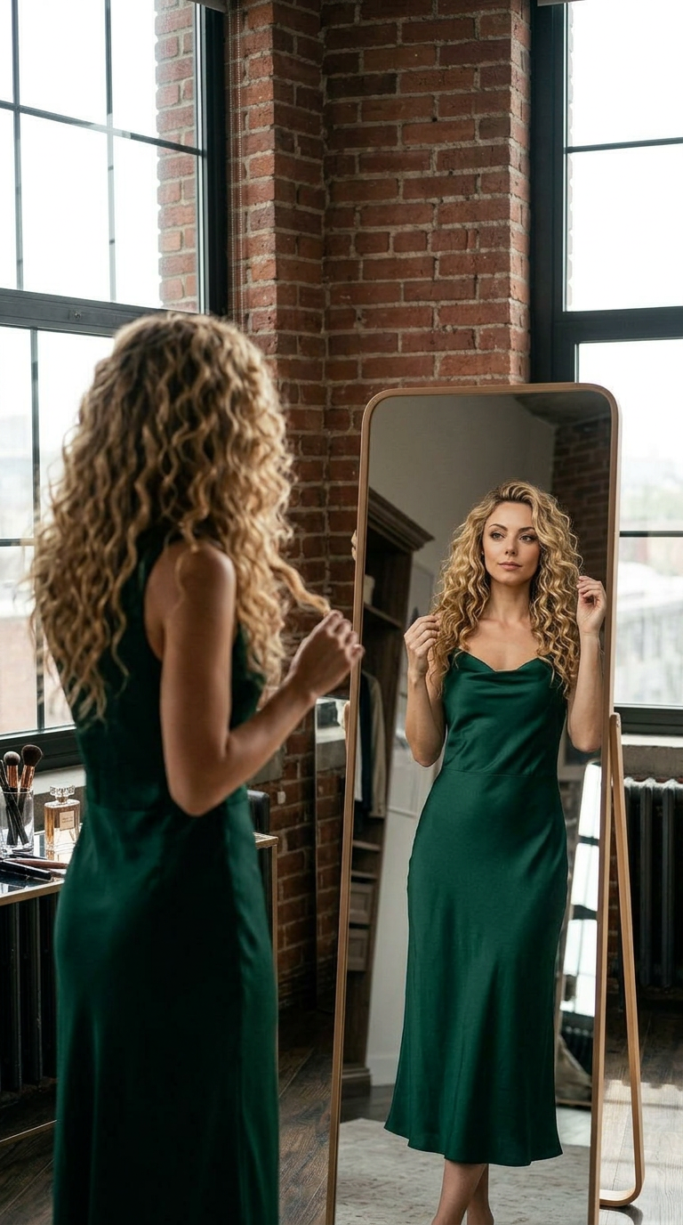 Alleria AI digital human looking in mirror wearing elegant green dress, symbolic identity reflection concept