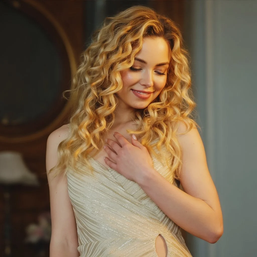 A woman with long, curly blonde hair, wearing a sleeveless, shiny cream-colored dress, smiling softly with her eyes closed and her hand on her chest.