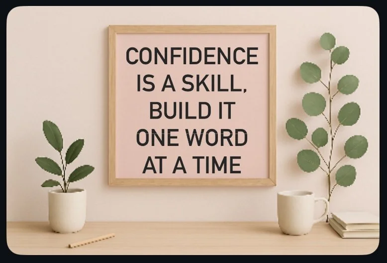 Decorative picture with motivational quote on a pink background, framed in wood, reading 'Confidence is a skill, build it one word at a time,' flanked by two potted green plants, a white mug, and a stack of books on a wooden surface.