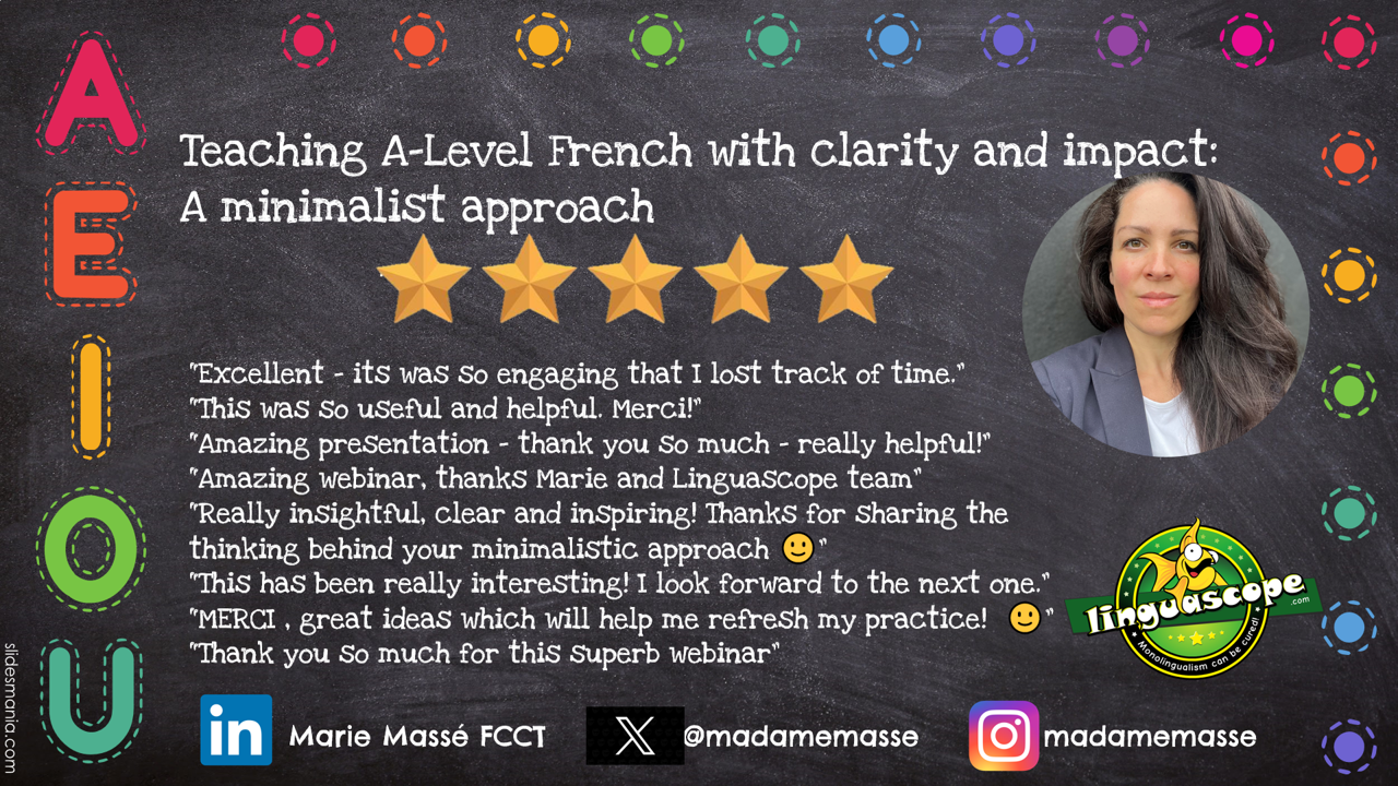 Chalkboard-style poster promoting a webinar on A-level French teaching, featuring a five-star review, a photo of Marie Massé, and logos for LinguaScope, LinkedIn, Instagram, and Twitter. The text highlights positive feedback and social media handles.