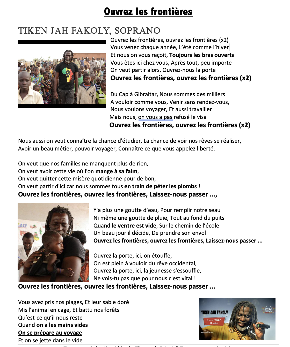 "Ouvrez les frontières" Song study
