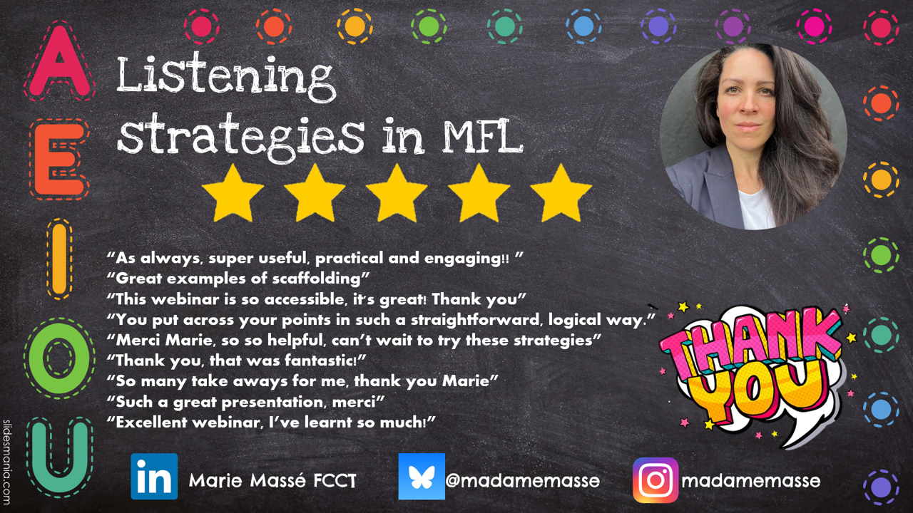 A colorful thank you message on a chalkboard background with the words "Listening strategies in MFL" and a five-star rating. There is a photo of Marie Massé, her contact info including LinkedIn, Twitter, and Instagram handles, and several customer reviews praising her webinar.