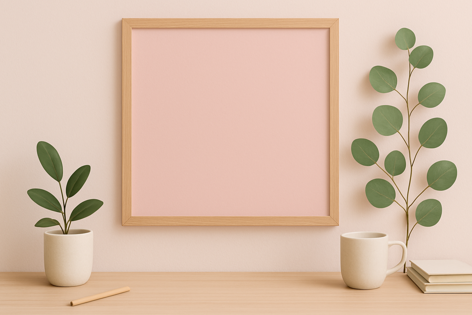 Decorative scene with two potted eucalyptus plants, a blank pink framed board, a white mug, and a stack of books on a light wooden surface against a beige wall.