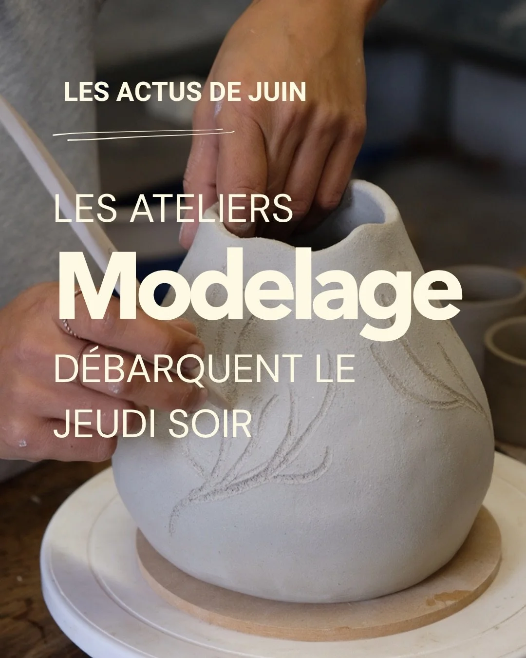 ✨ Focus sur les cours de modelage de juin ✨

Avant la pause estivale, c&rsquo;est le moment de mettre les mains dans la terre !

Pour r&eacute;pondre &agrave; vos envies de cr&eacute;ation, nous avons ajout&eacute; un nouveau cr&eacute;neau de modela