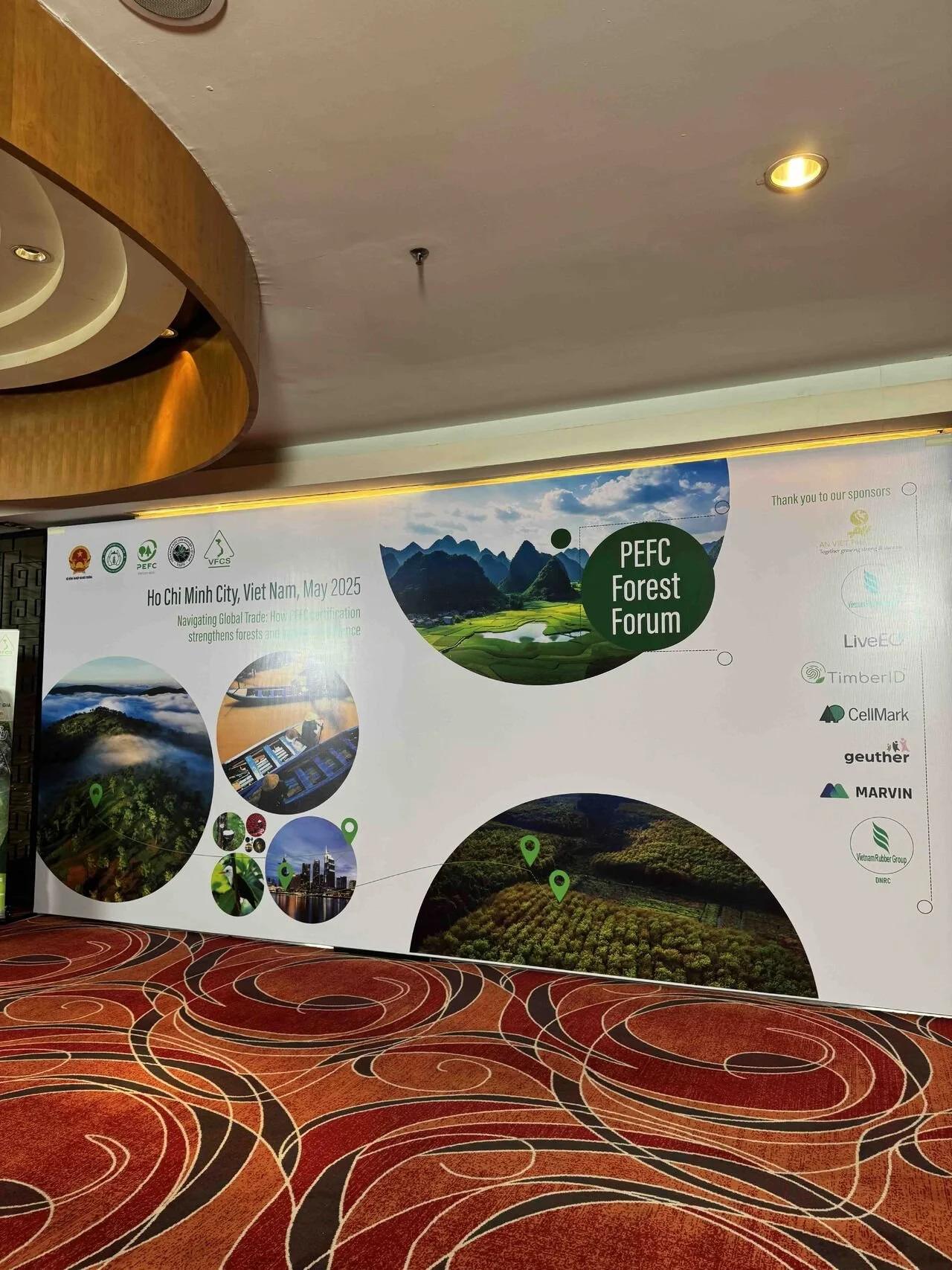 Conference banner for the PEFC Forest Forum in Ho Chi Minh City, Vietnam, May 2025, featuring images of forests, landscapes, and related icons.