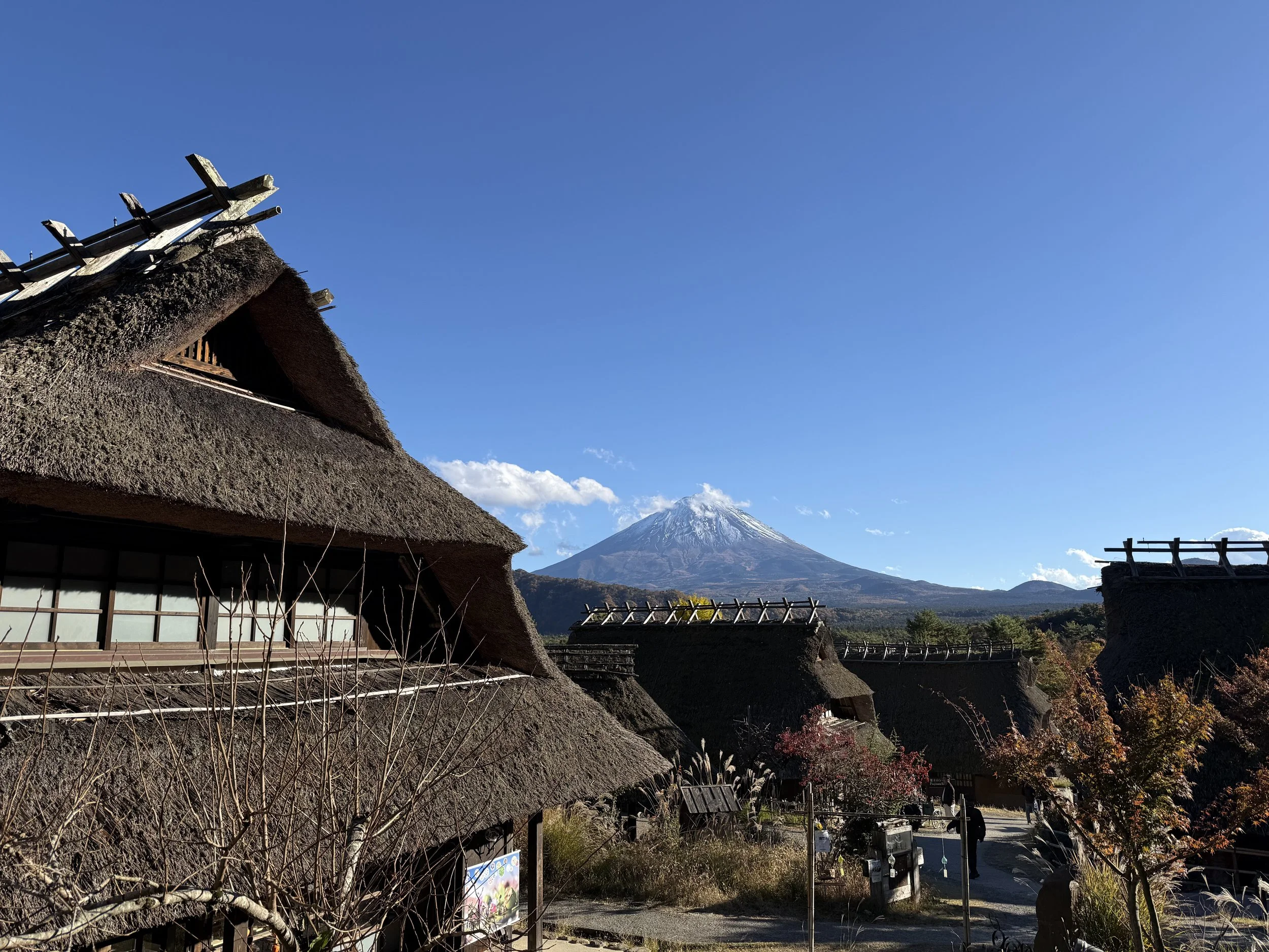 Traditional thatched roofing houses with Mount Fuji in the background under a clear blue sky.
