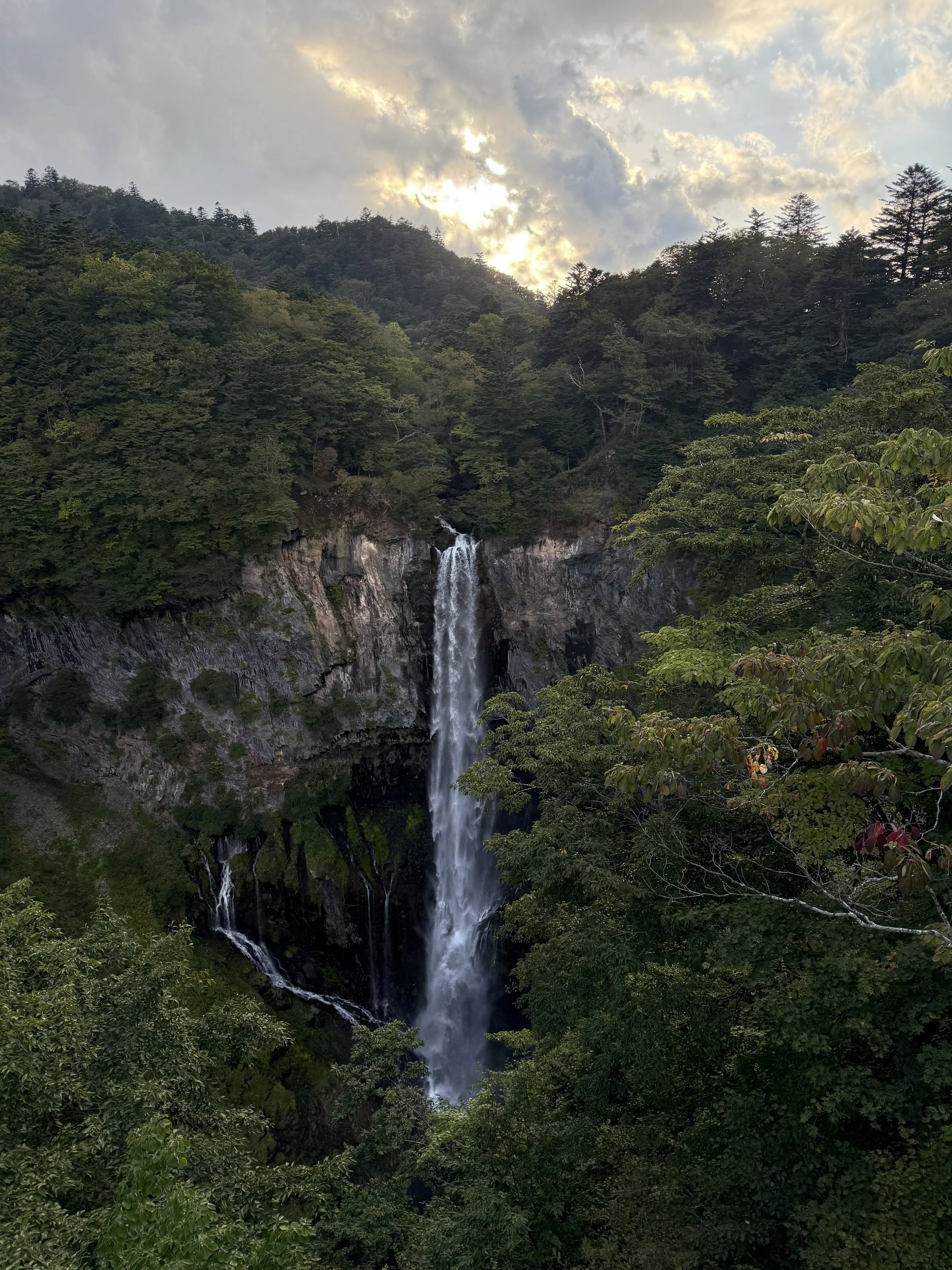 Tall waterfall flowing into a forested valley with a mountainous background and cloudy sky.