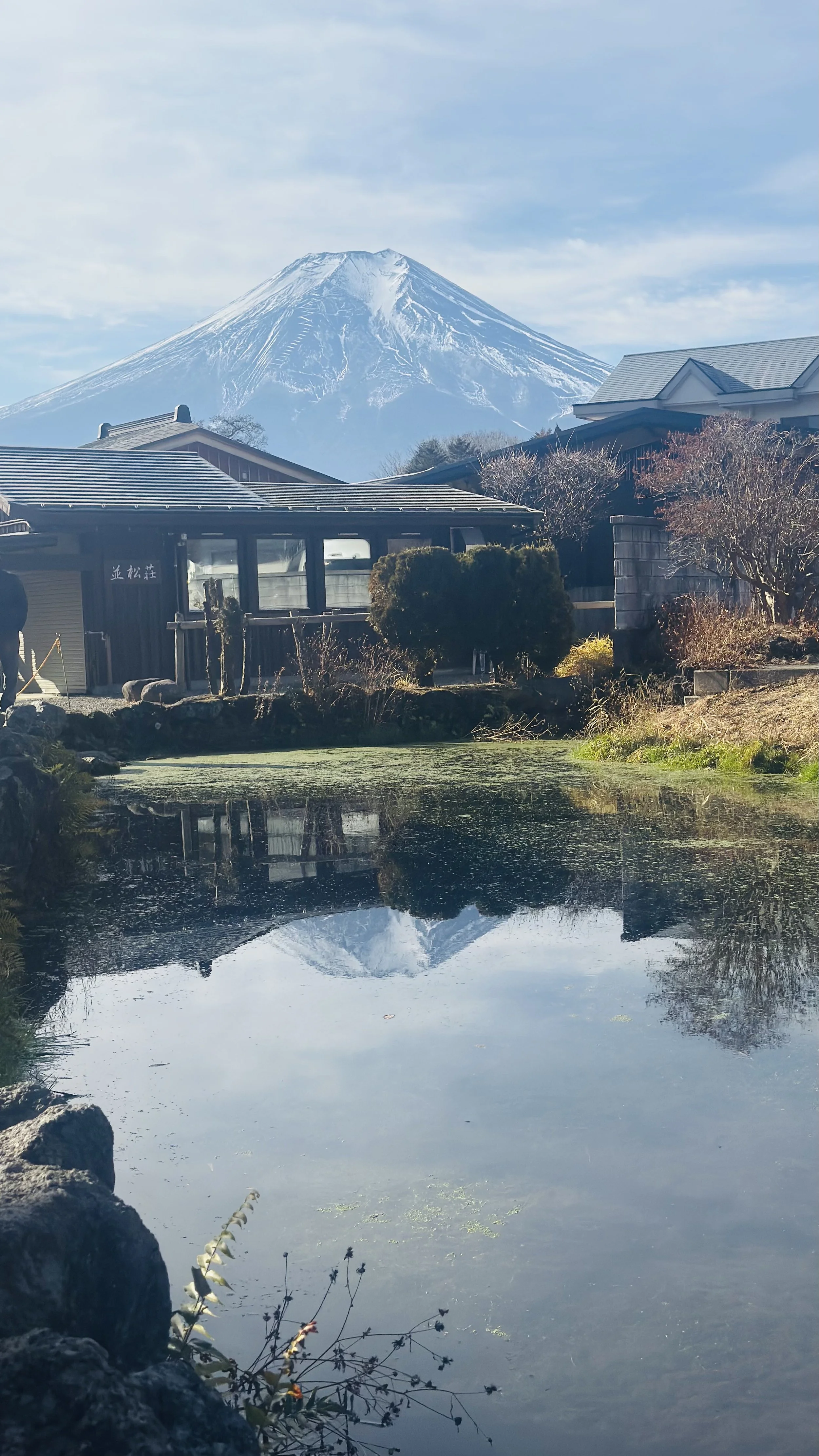 Snow-capped Mount Fuji rising behind traditional Japanese houses and trees, with a pond reflecting the mountain in the foreground.