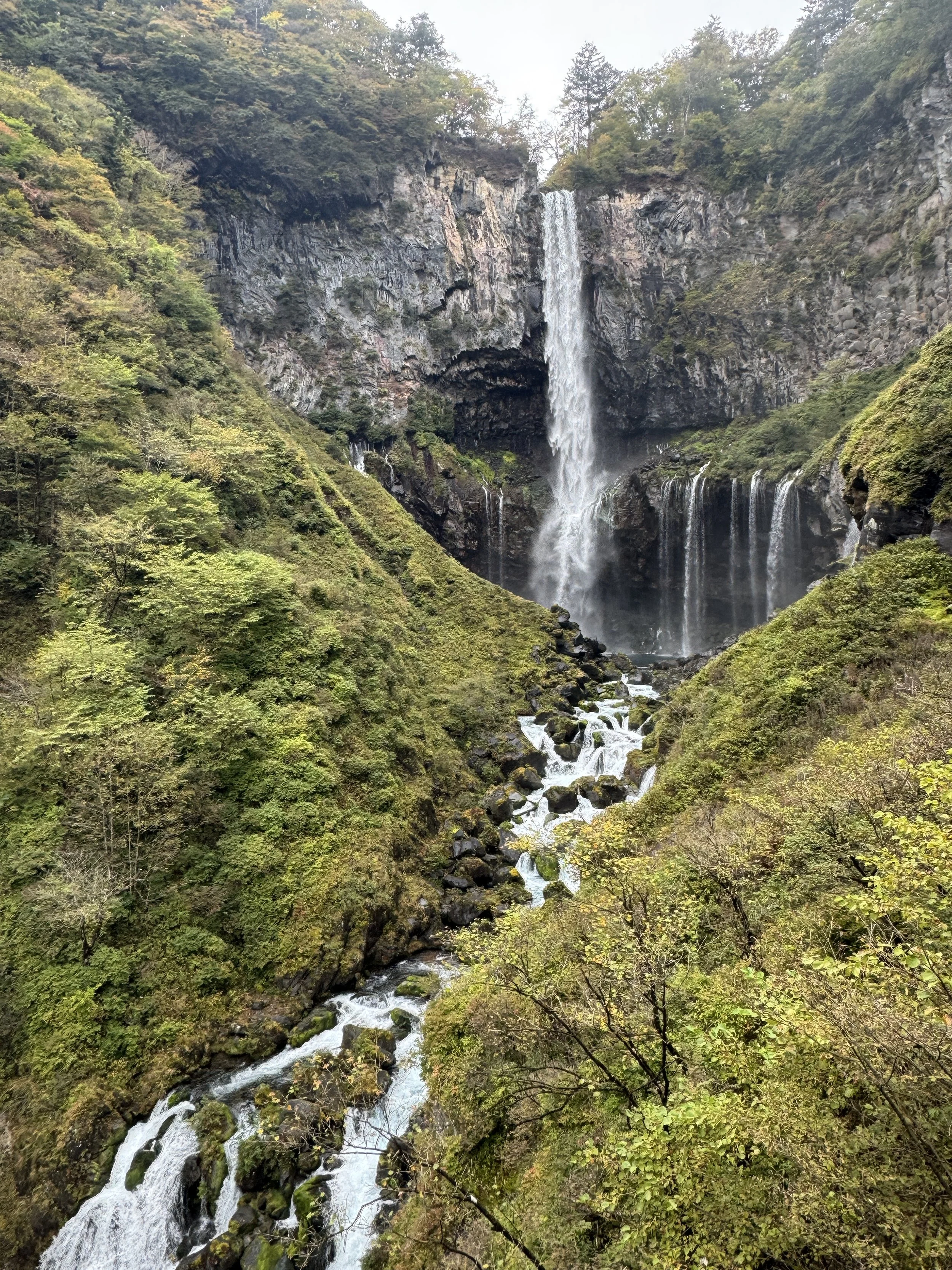 A tall waterfall cascading down a rocky cliff surrounded by lush green trees and vegetation.