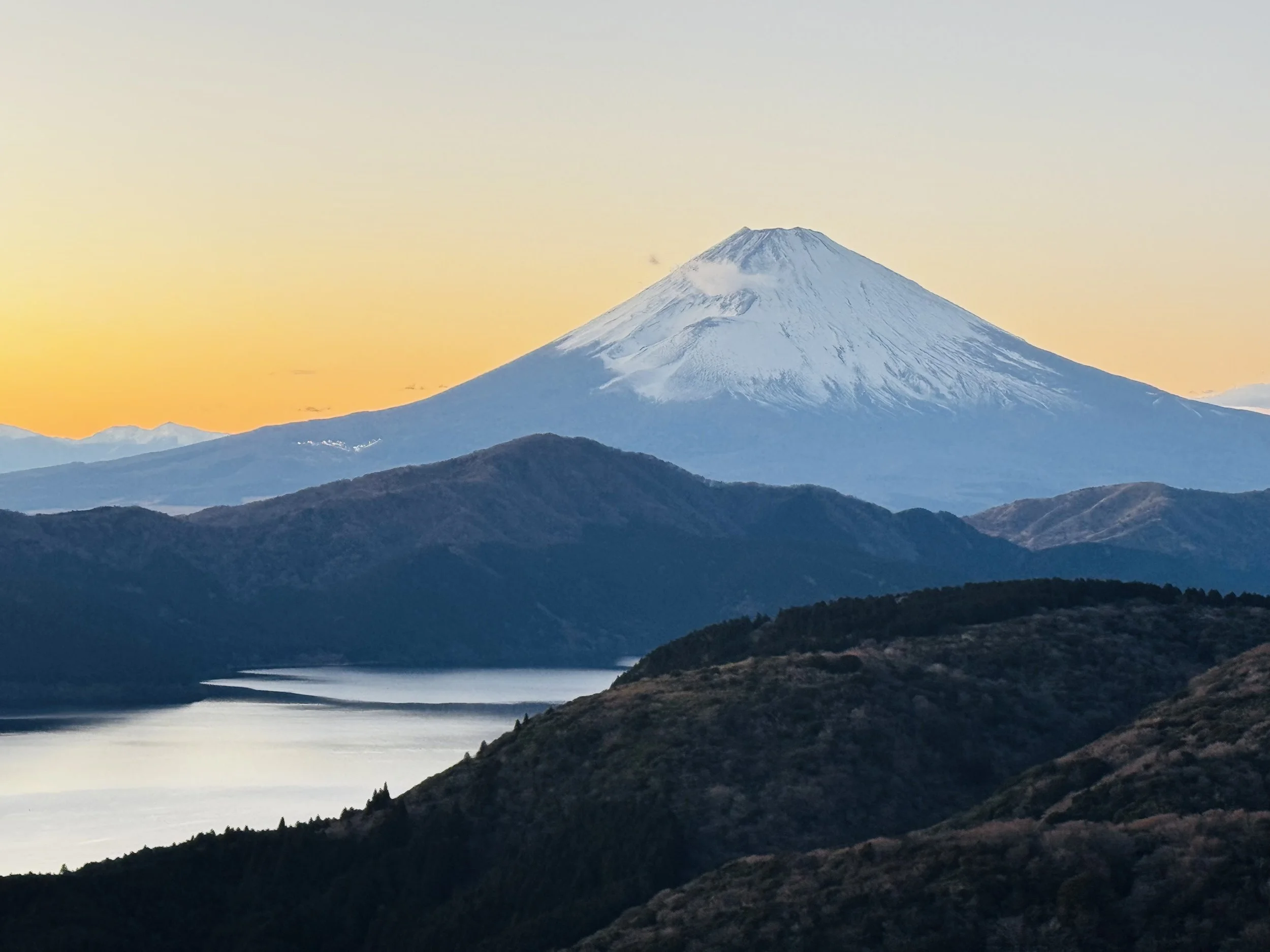 Mount Fuji at sunset from Hakone Sky Lounge viewpoint with Lake Ashi below