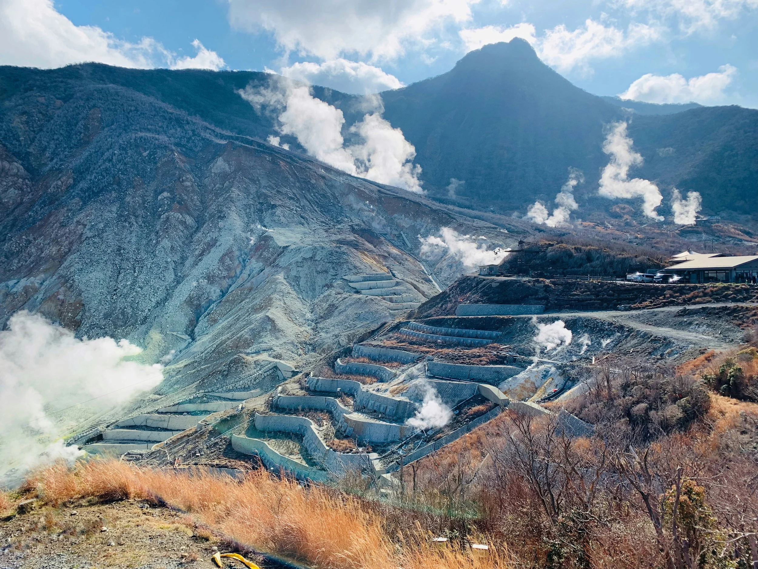 Owakudani volcanic valley in Hakone with steam vents rising from the slopes