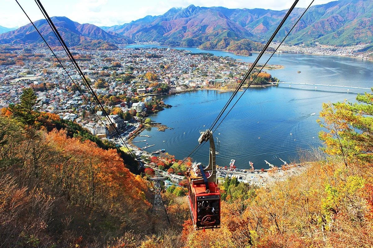 View from the Mt. Fuji Panoramic Ropeway (Kachi Kachi) above Lake Kawaguchi in autumn