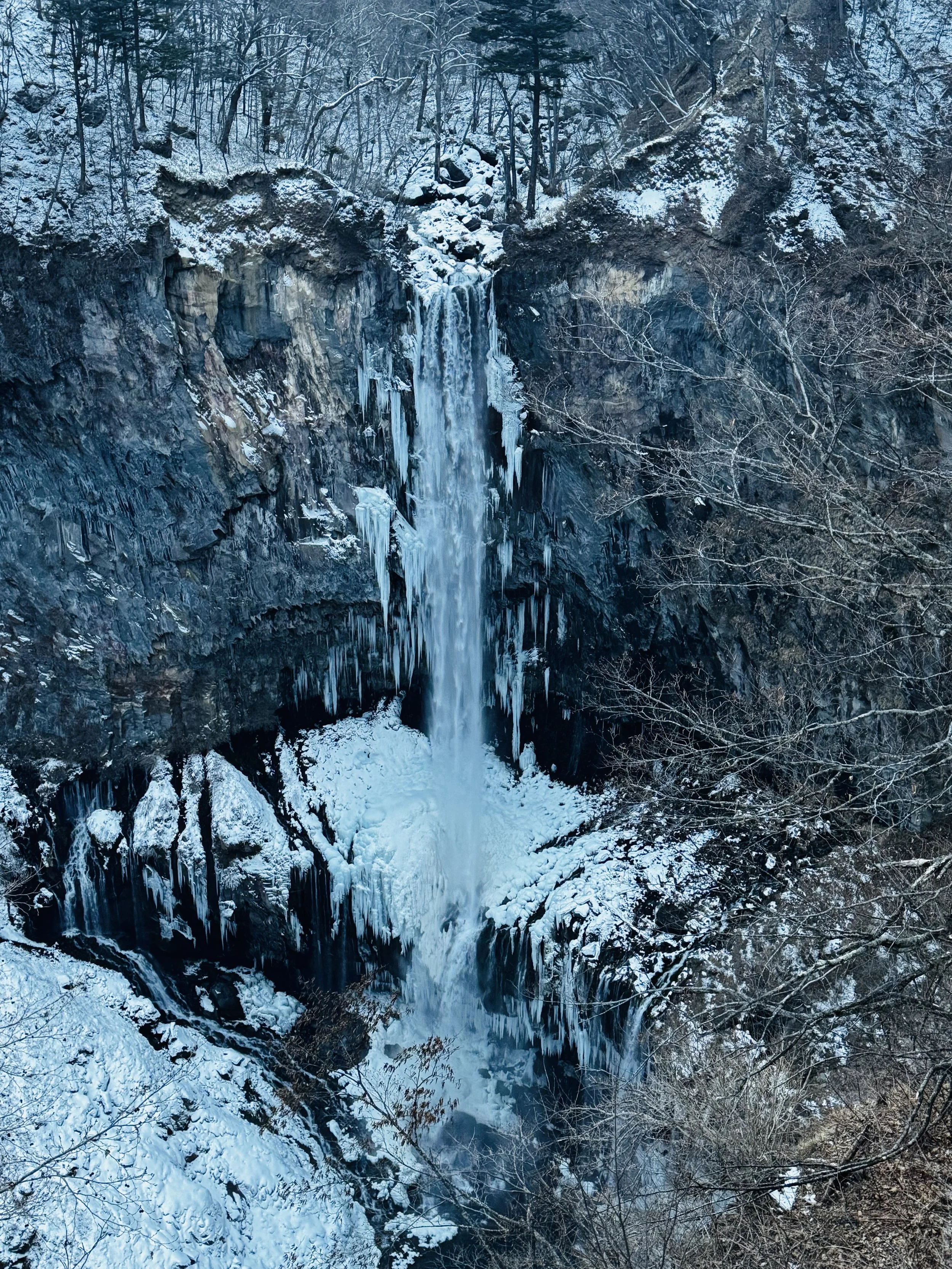 Kegon Falls in winter with ice formations in Nikkō National Park
