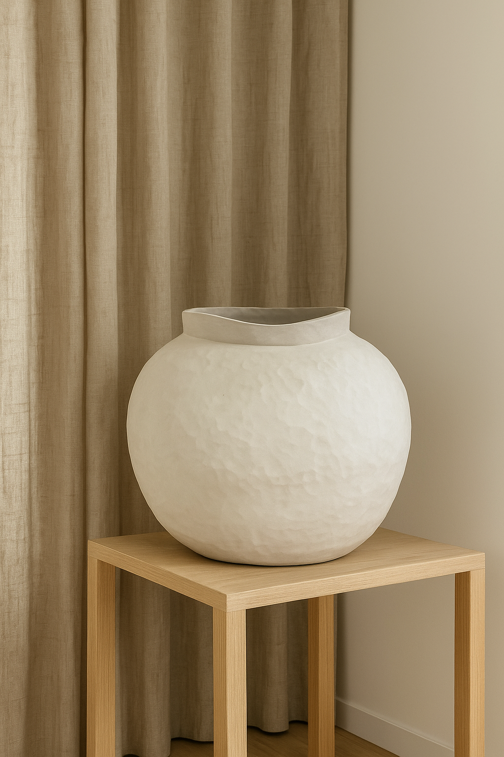 Vase en céramique artisanale en argile blanche, texture irrégulière, émail beige mat, fait main en Belgique.
