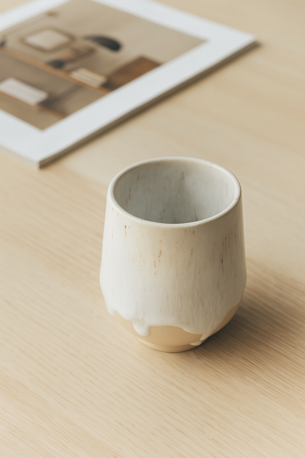 Tasse en céramique contemporaine, en argile blanche avec émail beige coulé, façonnée à la main en Belgique.
