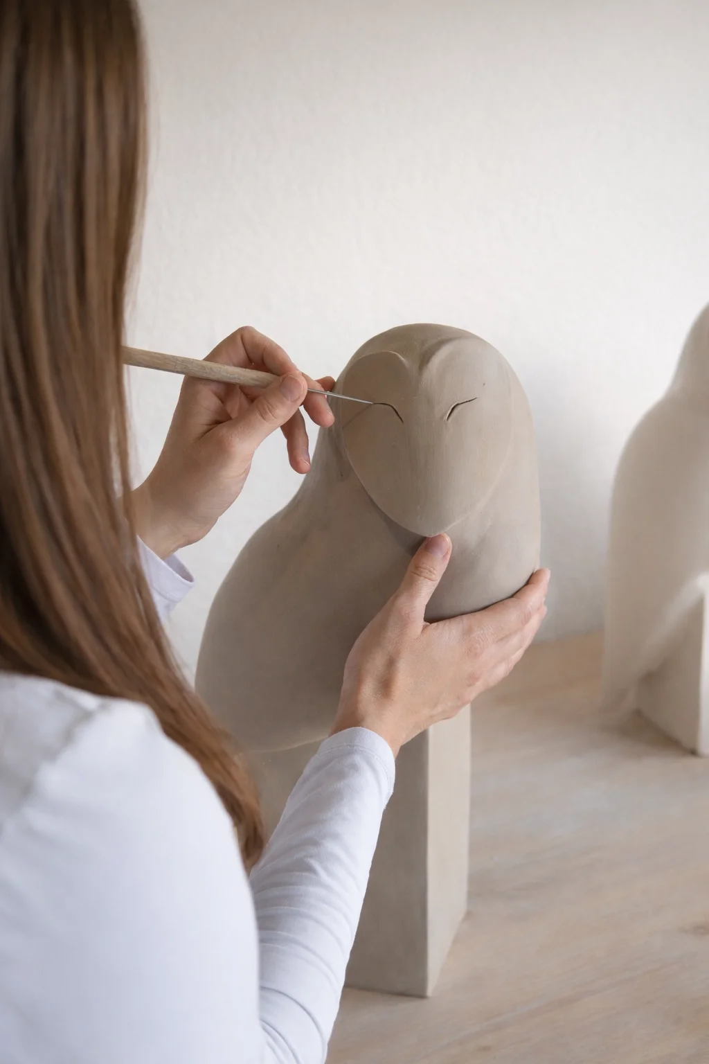 Maëlle Lacroix, sculptrice céramiste, travaillant sur une sculpture en céramique dans son atelier en Belgique.