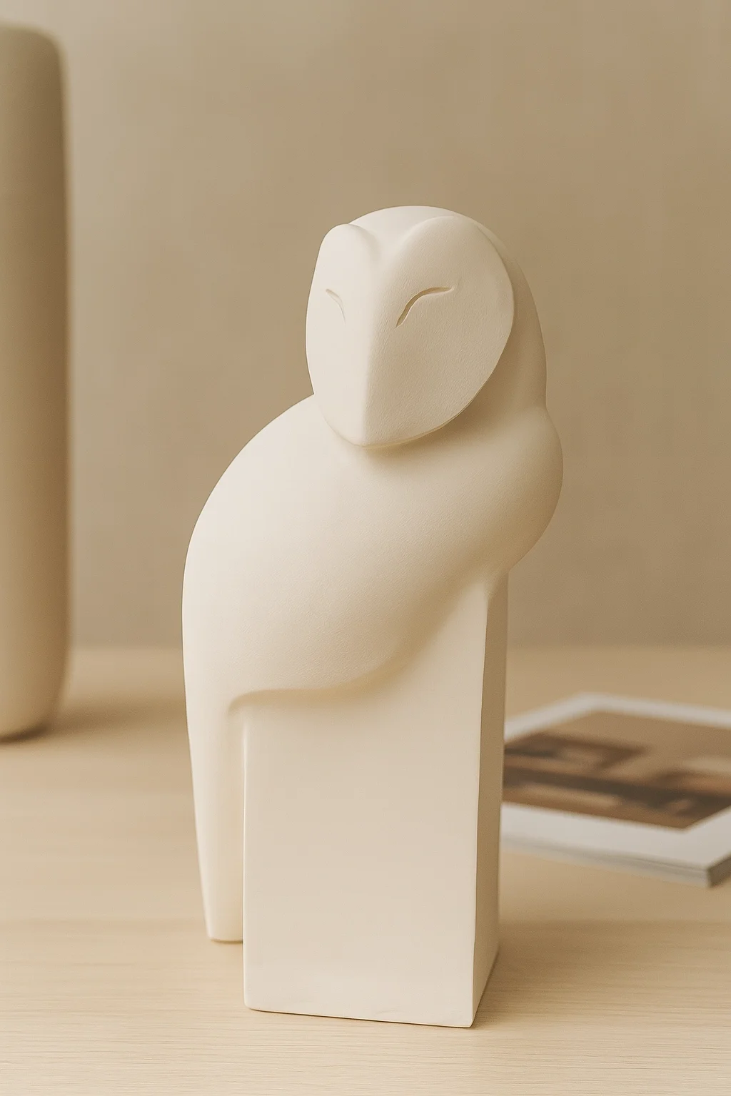 Sculpture en céramique contemporaine de Maëlle Lacroix, figure de chouette en argile blanche façonnée à la main en Belgique.