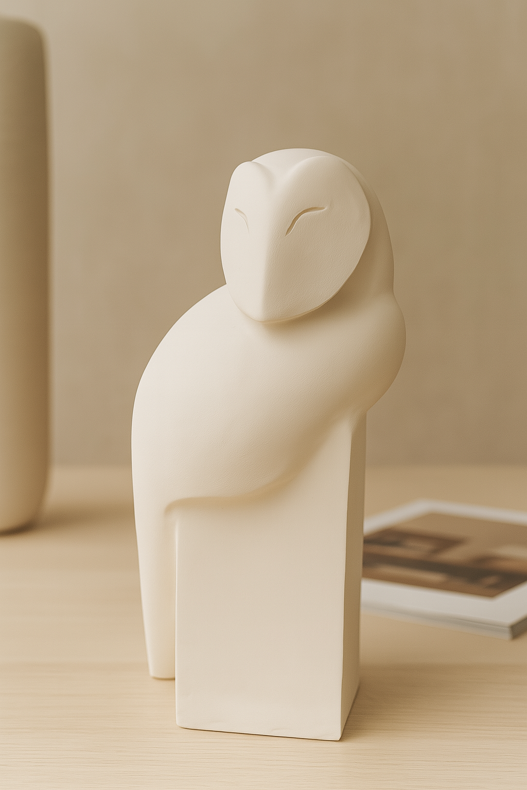 Pièce décorative en céramique artisanale en argile blanche, forme sculpturale de chouette, façonnée à la main.