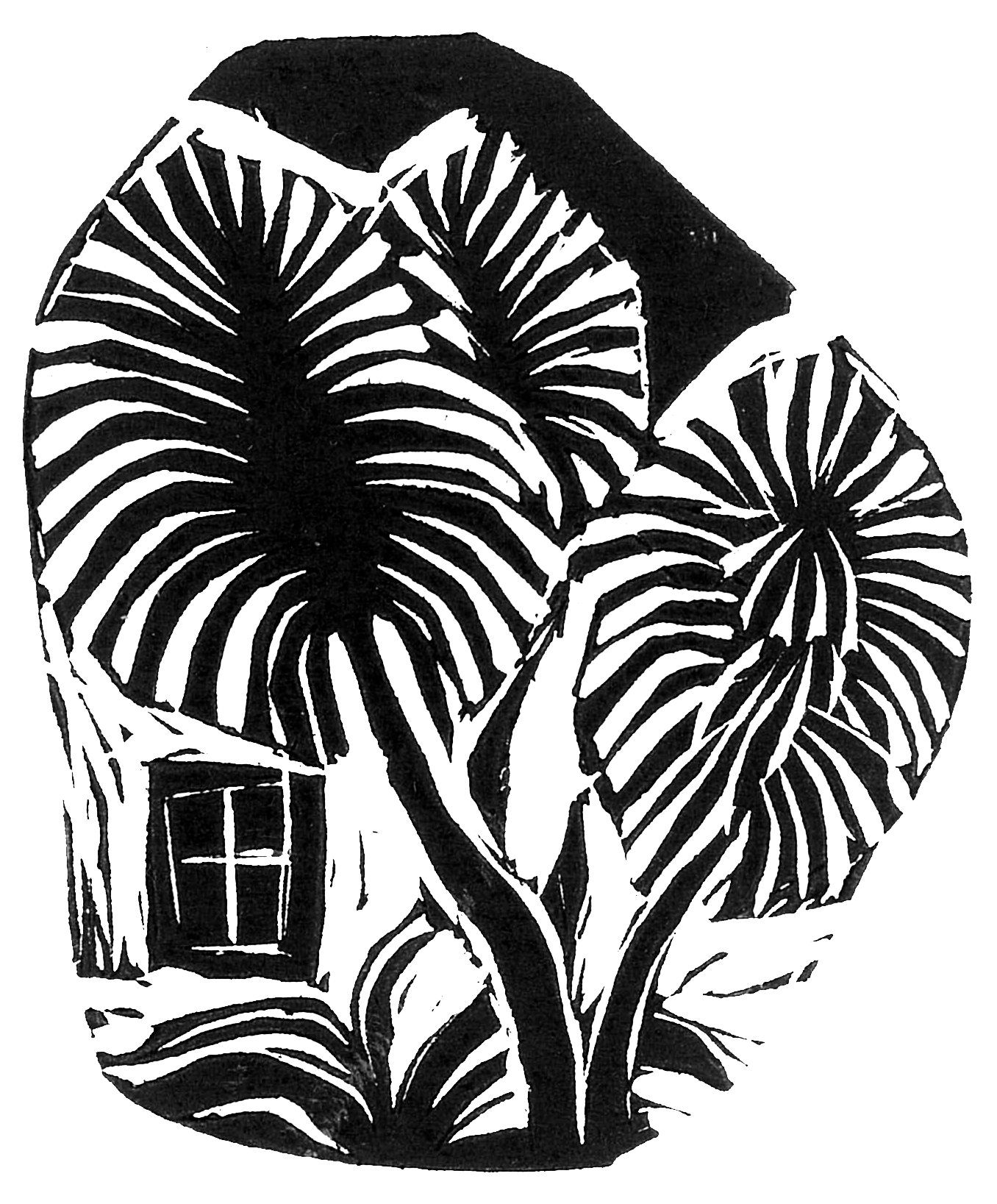 Black and white illustration of tropical plants with large, striped leaves and a small house with a window.
