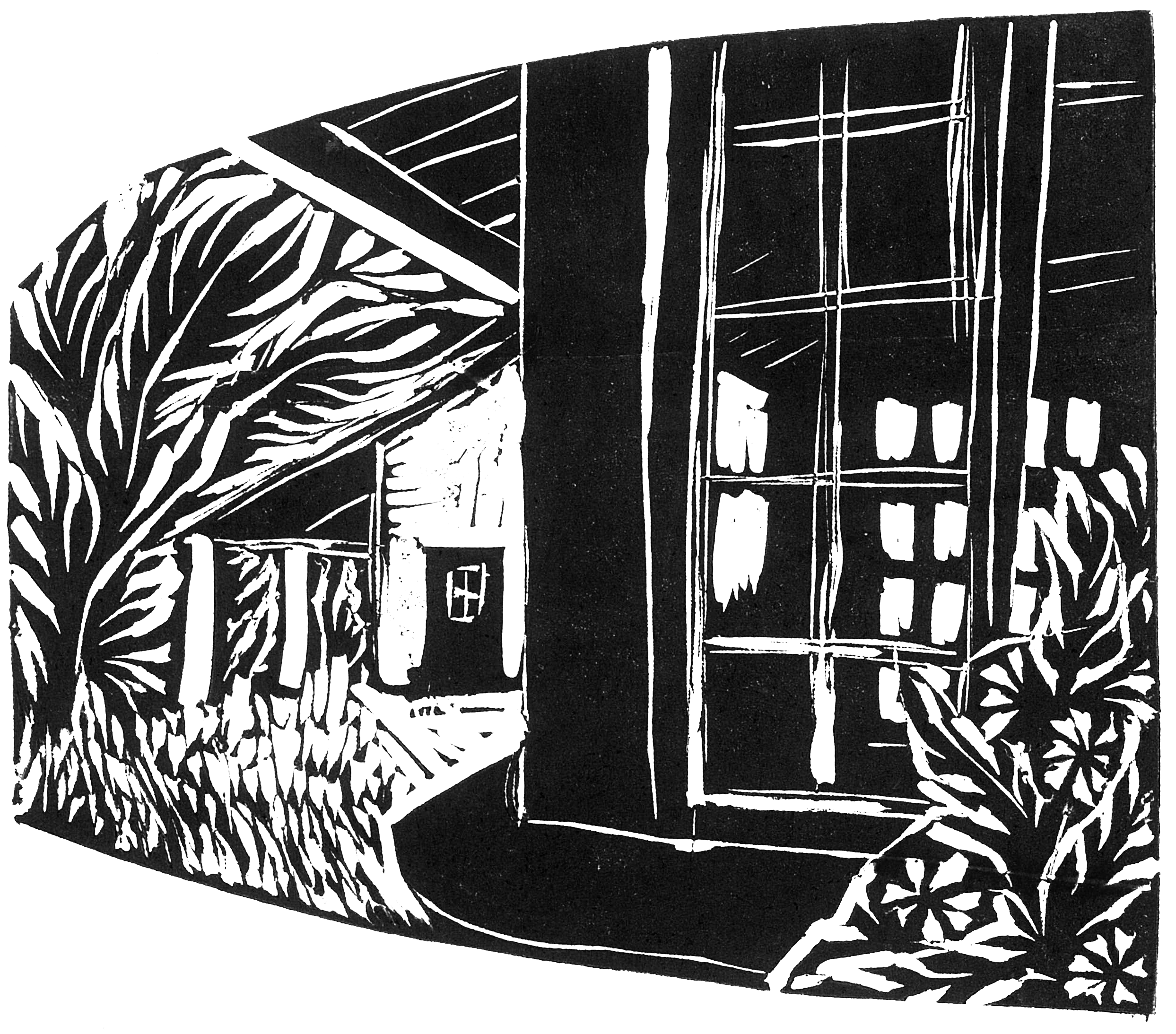 Black and white illustration of a house with large windows, surrounded by plants, creating a cozy outdoor scene.