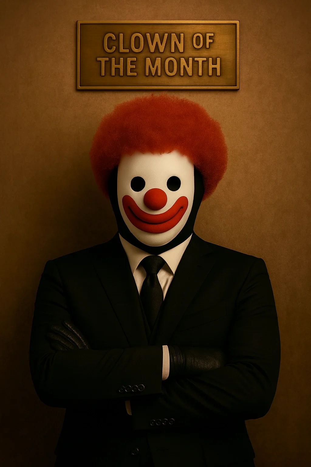A person in a black suit and red clown wig stands confidently under a plaque that reads “Clown of the Month” — a satirical image mocking corporate recognition culture and workplace absurdity.