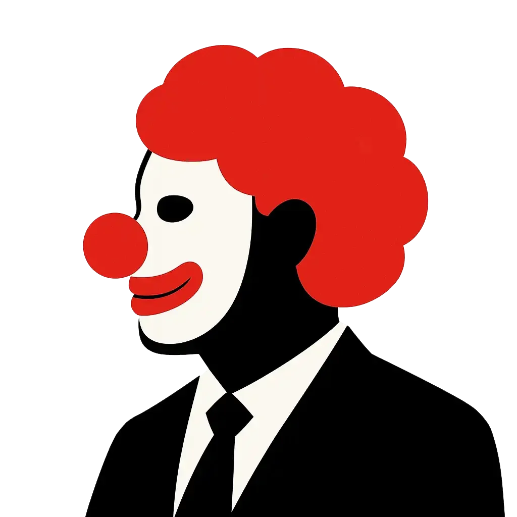 Minimalist corporate satire illustration of a clown in a business suit with a red wig, nose, and painted smile, symbolizing workplace clownery and SarcastiCo’s brand logo.