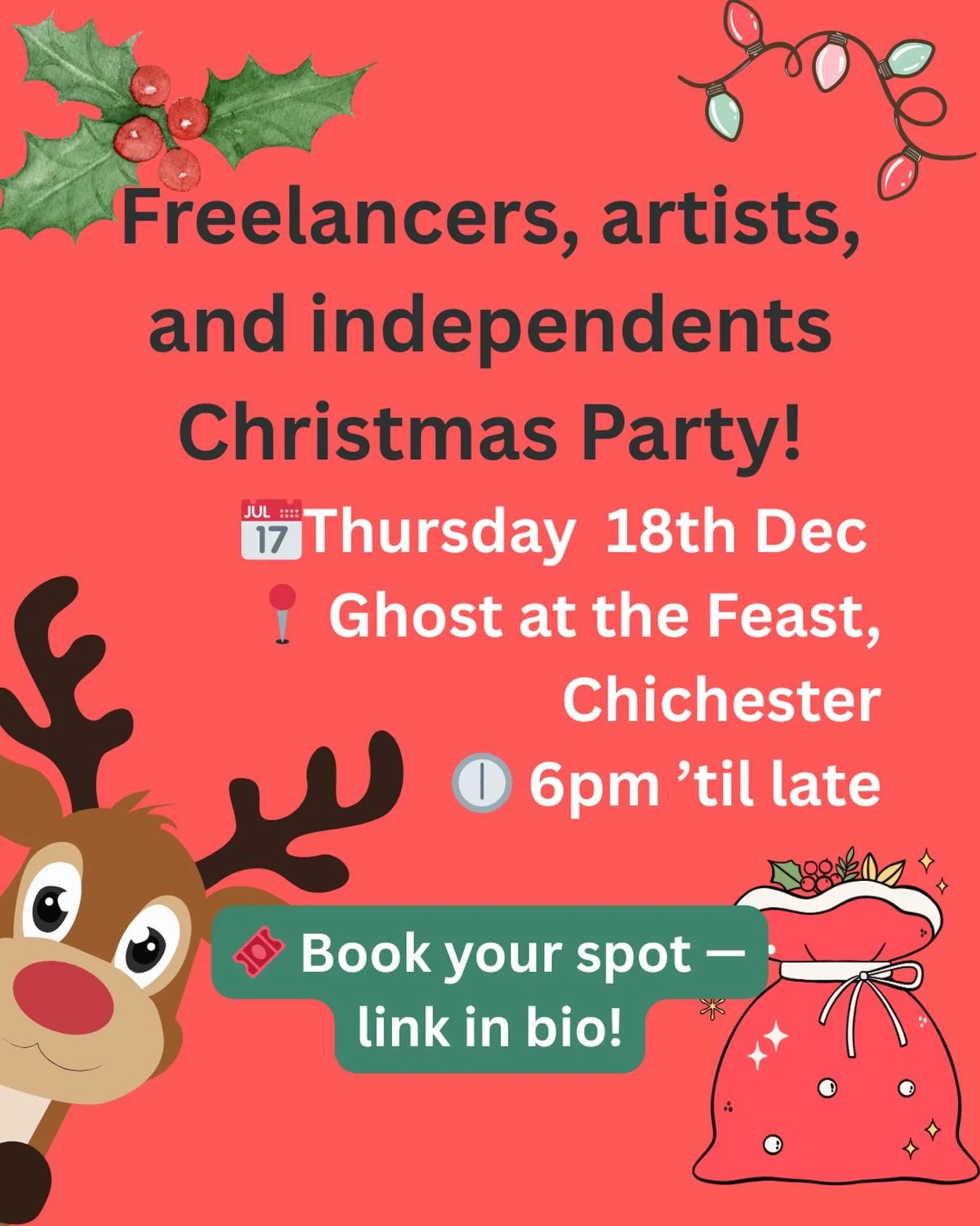 🎄 The Great Big Freelancers&rsquo; Christmas Do! 🎨✨

Just because you work solo doesn&rsquo;t mean you should miss out on the Christmas cheer.
No office politics, no awkward Secret Santa &mdash; just brilliant company, creative humans and a proper 
