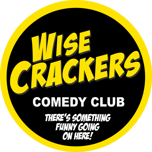 Wise Crackers Comedy Club logo with black background, yellow border, and yellow text reading "Wise Crackers" and smaller white text with the club's name and slogan.
