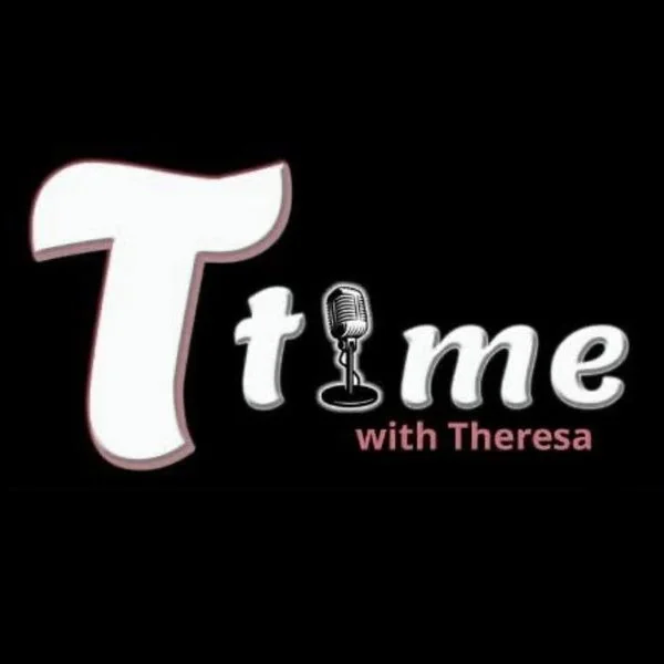 Logo for a show called "Time with Theresa" featuring stylized text and a microphone icon on a black background.