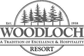 Logo for Woodloch Resort featuring silhouettes of pine trees and text emphasizing tradition, excellence, and hospitality.